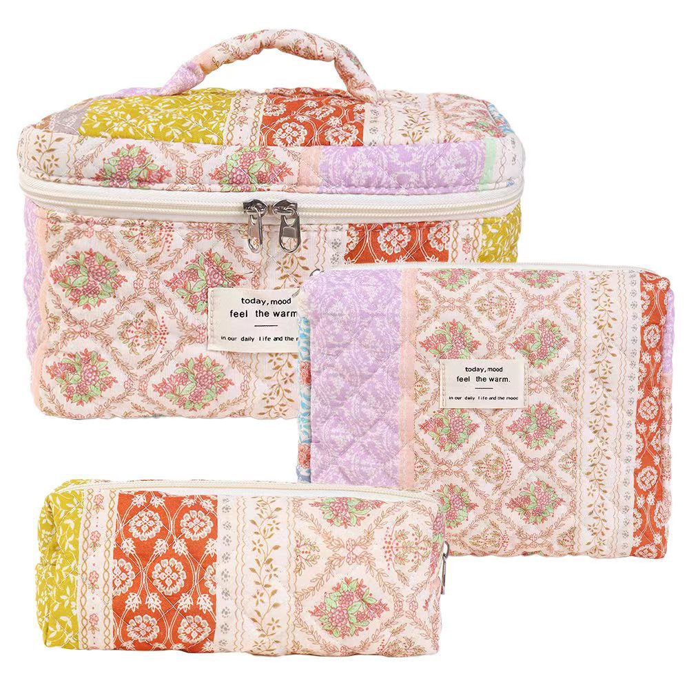 Storage Organizer Floral Quilted Makeup Bags Cotton Padded Cosmetic Bag Large Travel Toiletry Bag Women Zipper Wash Bag